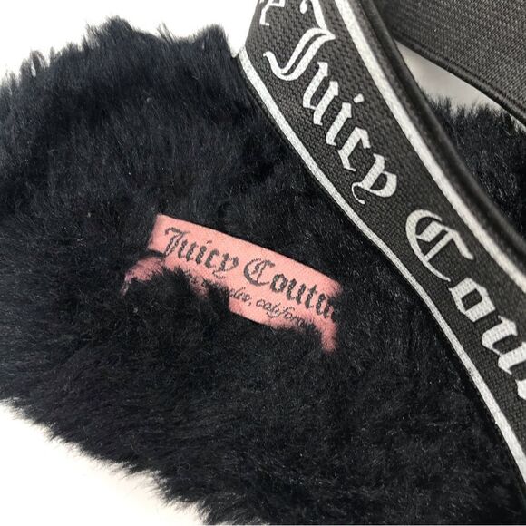 Juicy Couture Black Fuzzy Faux Fur Peep Toe Signature Slippers - Picture 10 of 10